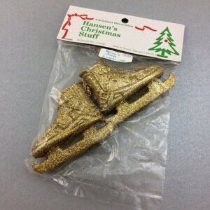 Gold Figure Skates Christmas Ornament Decoration Vtg Glitter Sparkle Hansens
